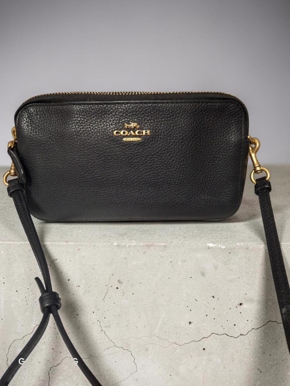 Coach Kira Black Pebbled Leather Double Zip Crossbody with Gold Hardware